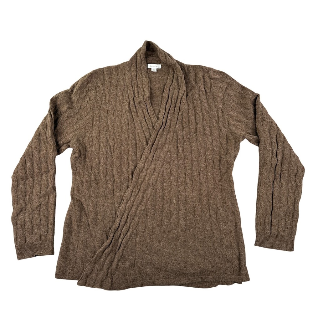Garnet Hill Cardigan Sweater L Brown 100% Cashmere Cable Knit Open Front Warm